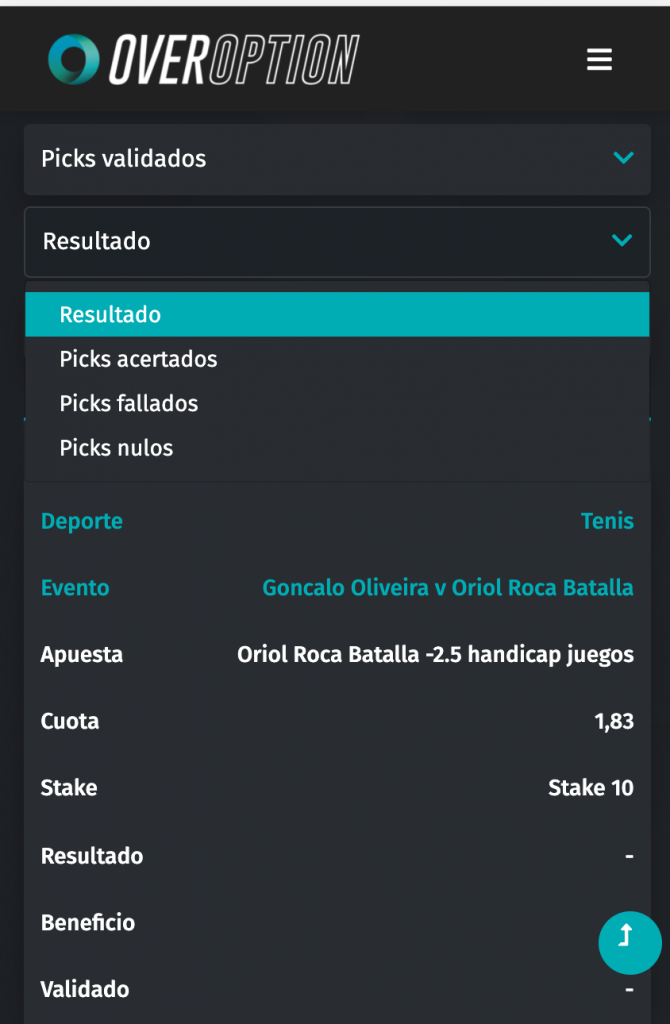 Historial de picks en Overoption